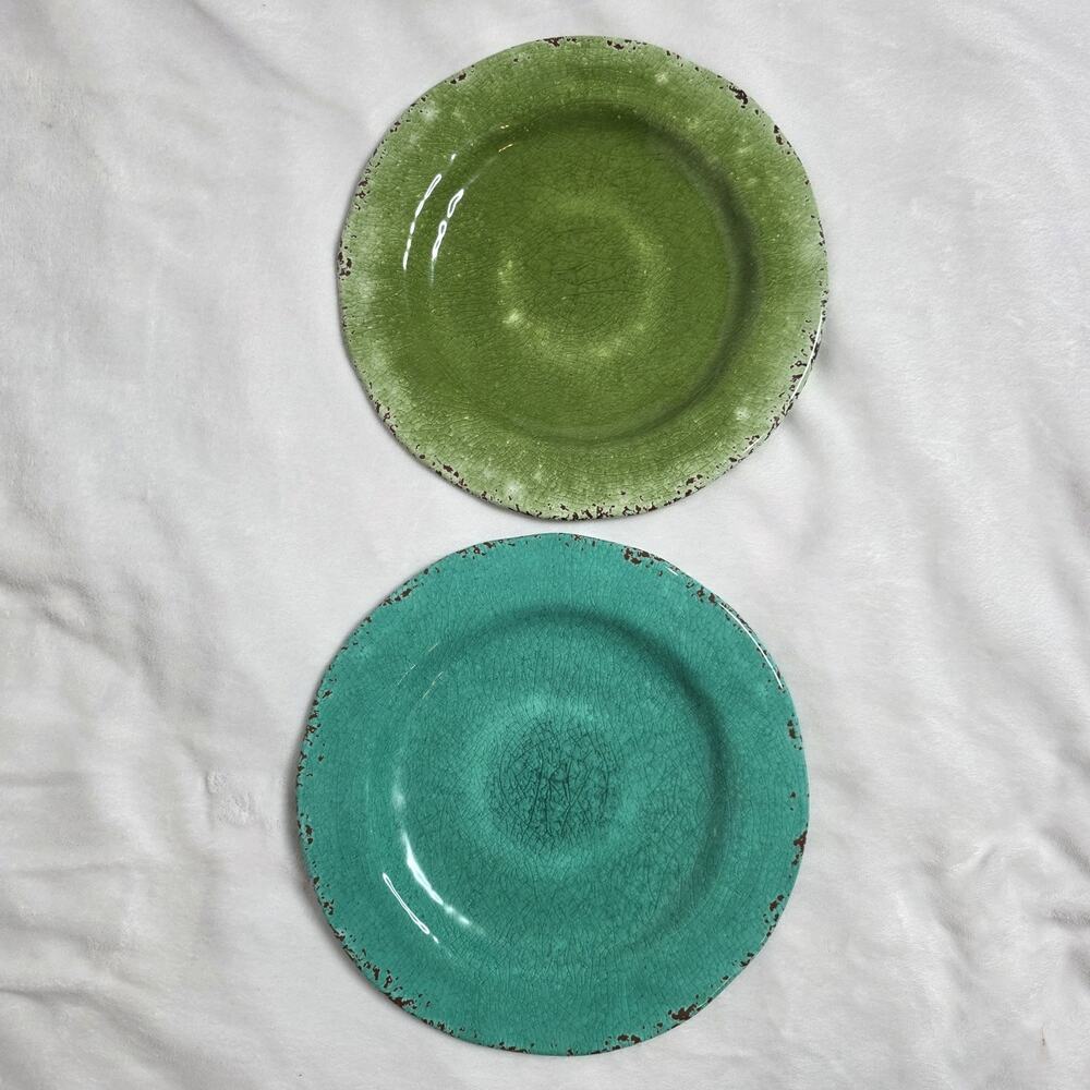 Pier 1 Carmelo Melamine Plates Set of 2 (Teal & Green) Rustic Crackle 11"
